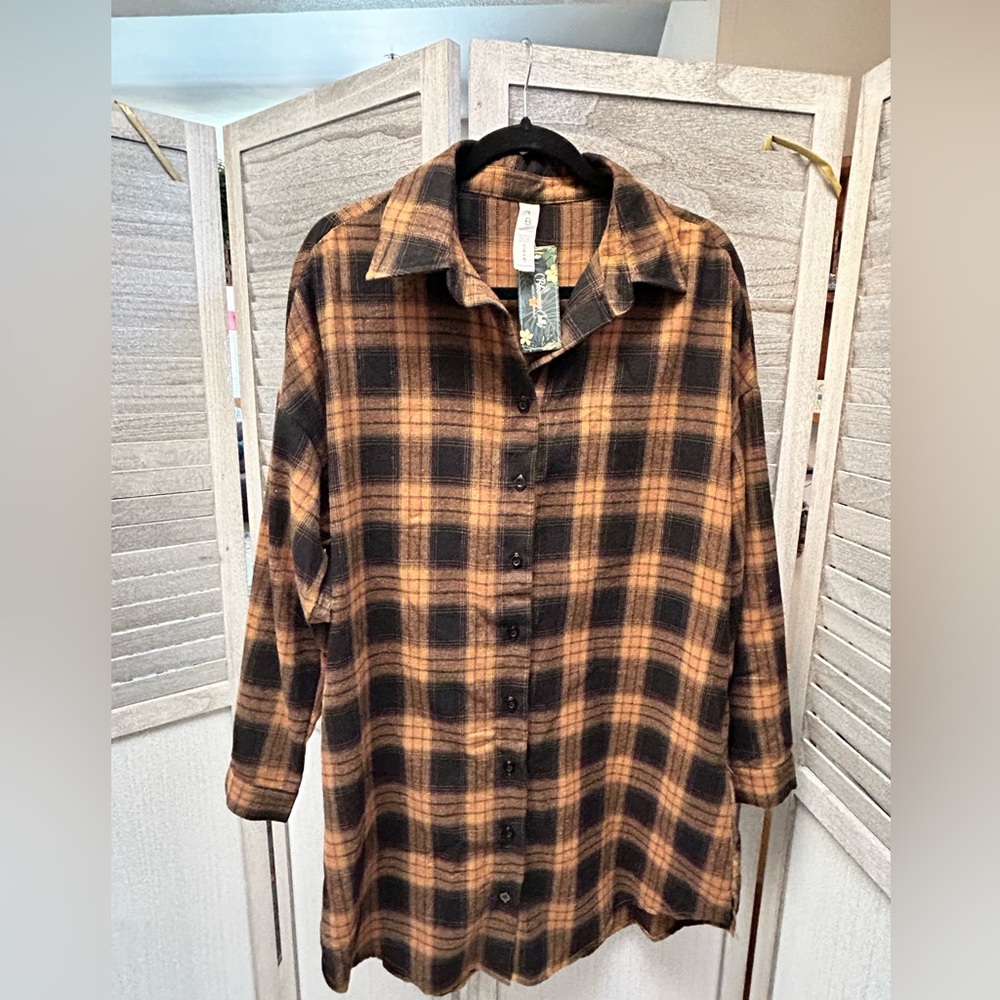 NWT BLOOMING JELLY Black & Caramel Plaid Boyfriend Shirt. Women’s Small Juniors - Picture 6 of 10